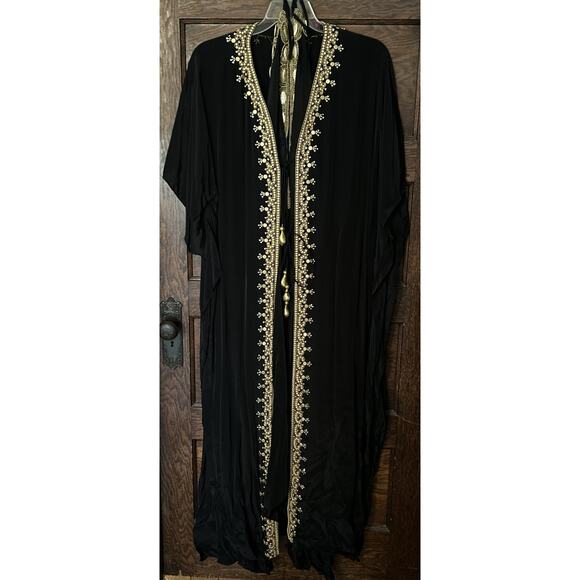 Asa Kaftans Black Gold Beading Halter Dress w/ Double Tie Front Robe Sz L / XL - Picture 1 of 16